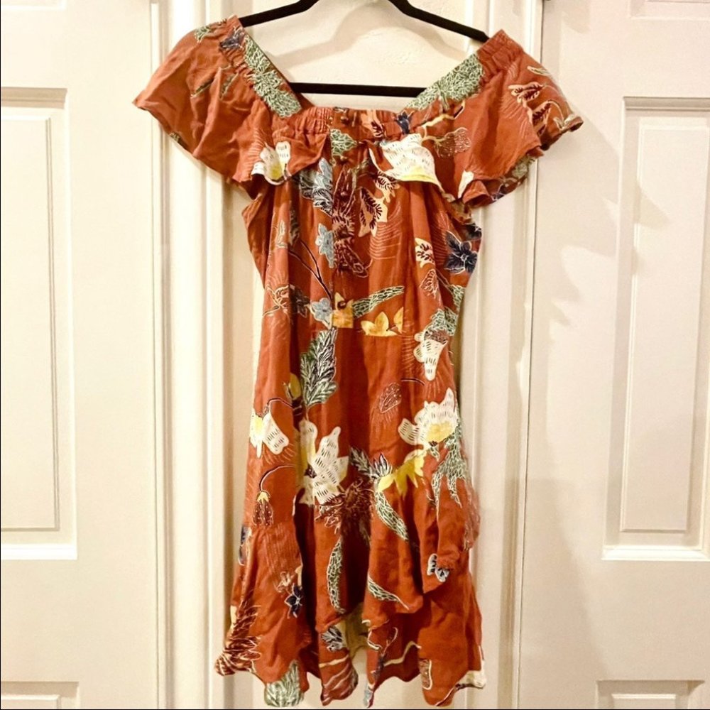 Cleobella Mauve Floral Off-the-Shoulder Mini Dress, Size Small.